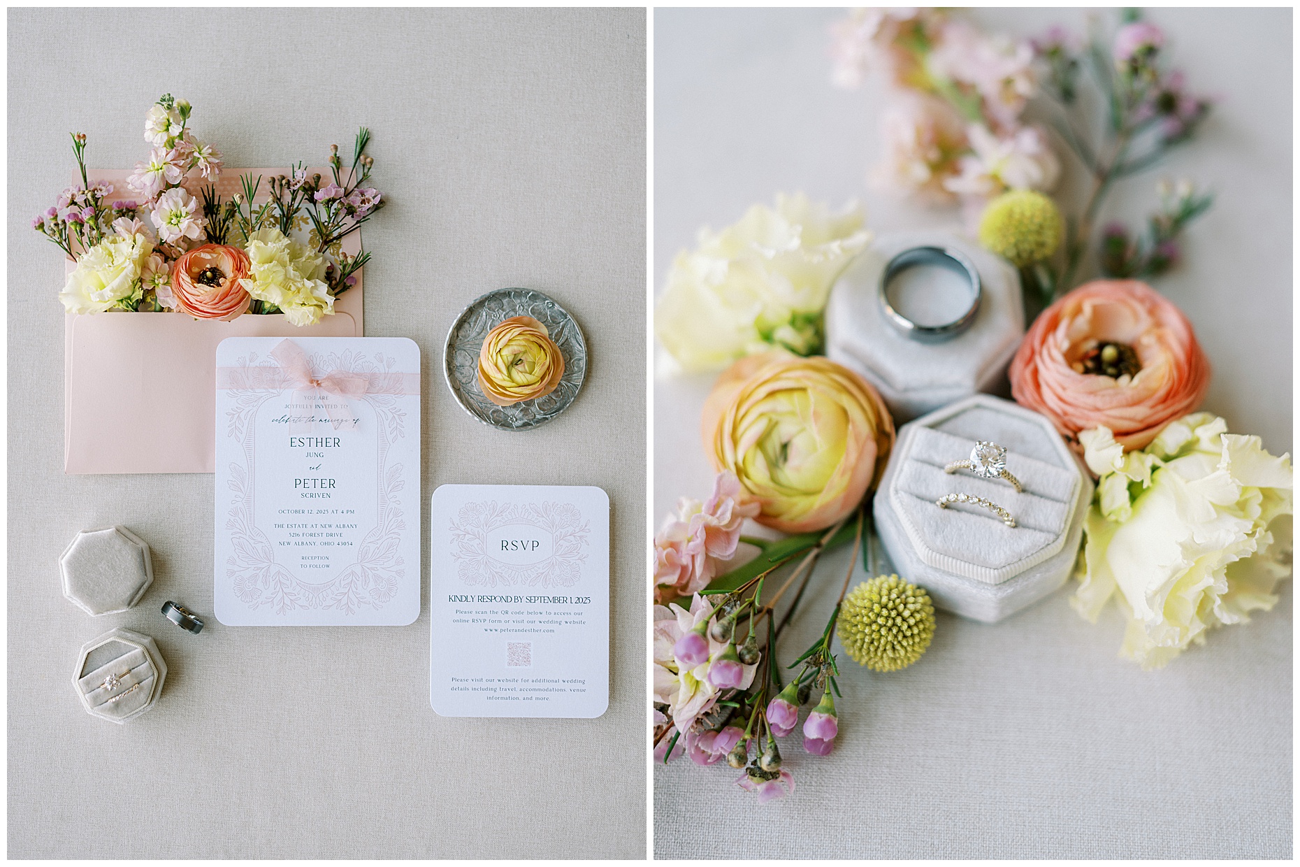A joyful Estate at New Albany wedding featuring fall foliage, spring-inspired florals, and Esther and Peter's ceremony and reception