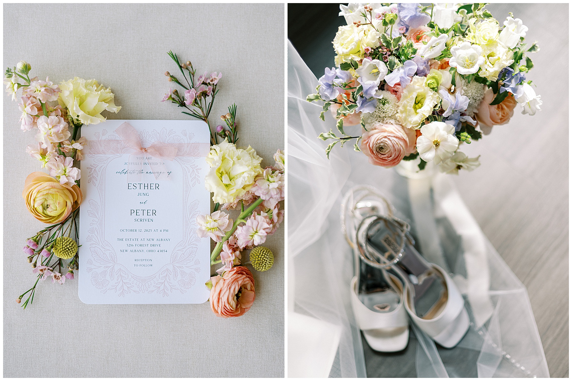 A joyful Estate at New Albany wedding featuring fall foliage, spring-inspired florals, and Esther and Peter's ceremony and reception