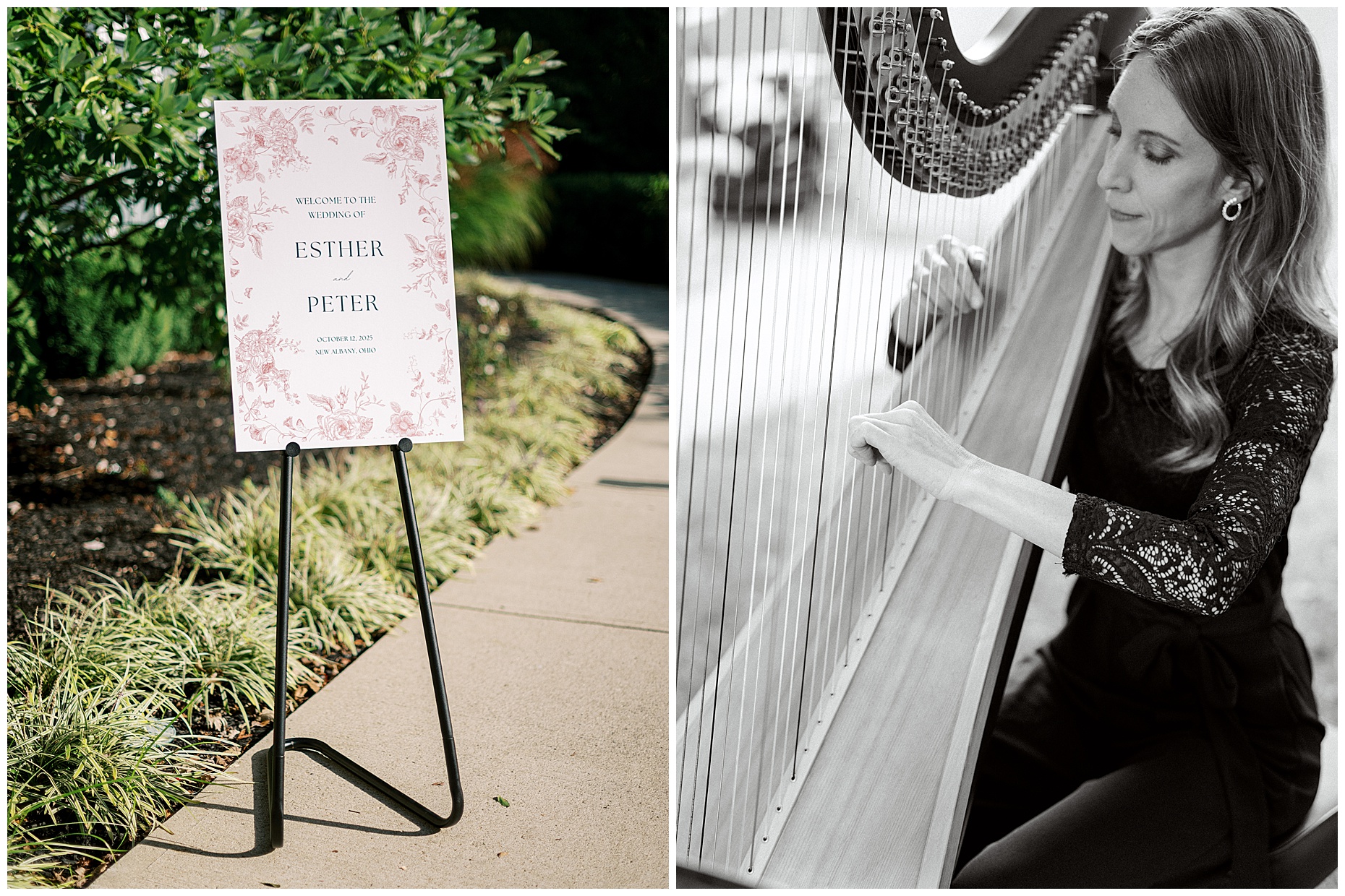 A joyful Estate at New Albany wedding featuring fall foliage, spring-inspired florals, and Esther and Peter's ceremony and reception