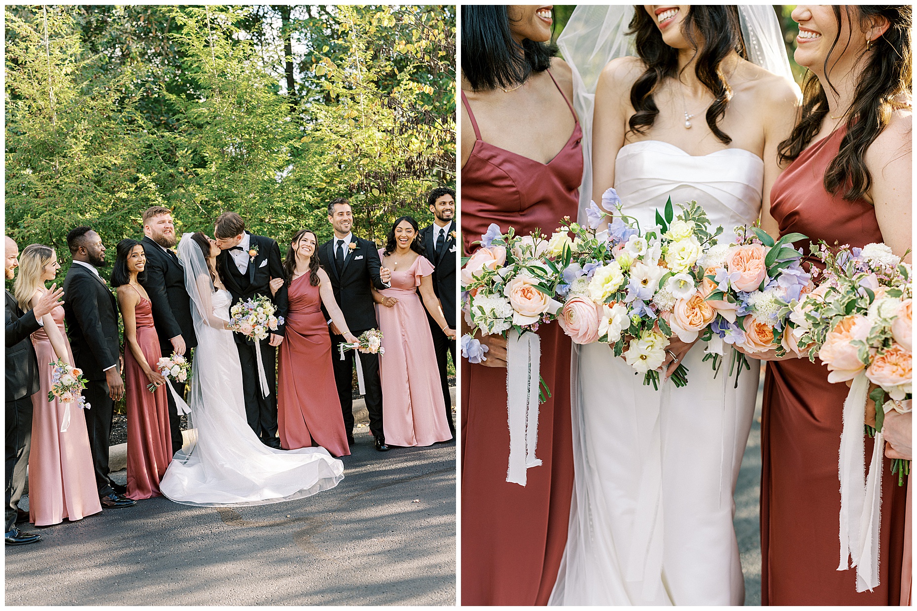 A joyful Estate at New Albany wedding featuring fall foliage, spring-inspired florals, and Esther and Peter's ceremony and reception
