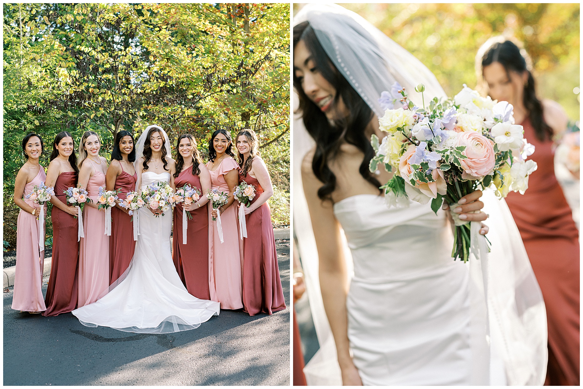 A joyful Estate at New Albany wedding featuring fall foliage, spring-inspired florals, and Esther and Peter's ceremony and reception