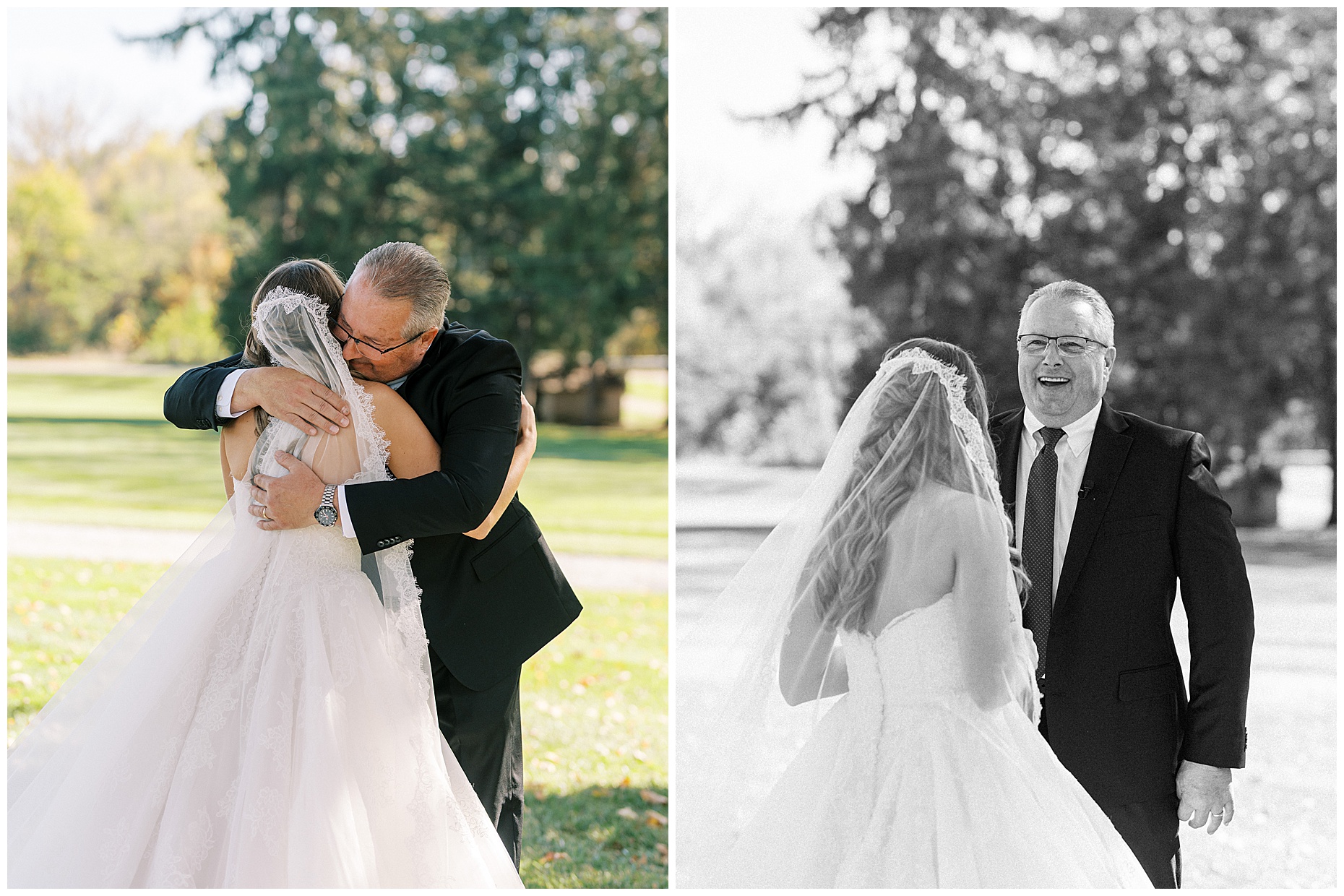 A heartfelt Cliffside Acres wedding featuring fall foliage, classic black and white details, and Lindsey and Sam's ceremony and reception