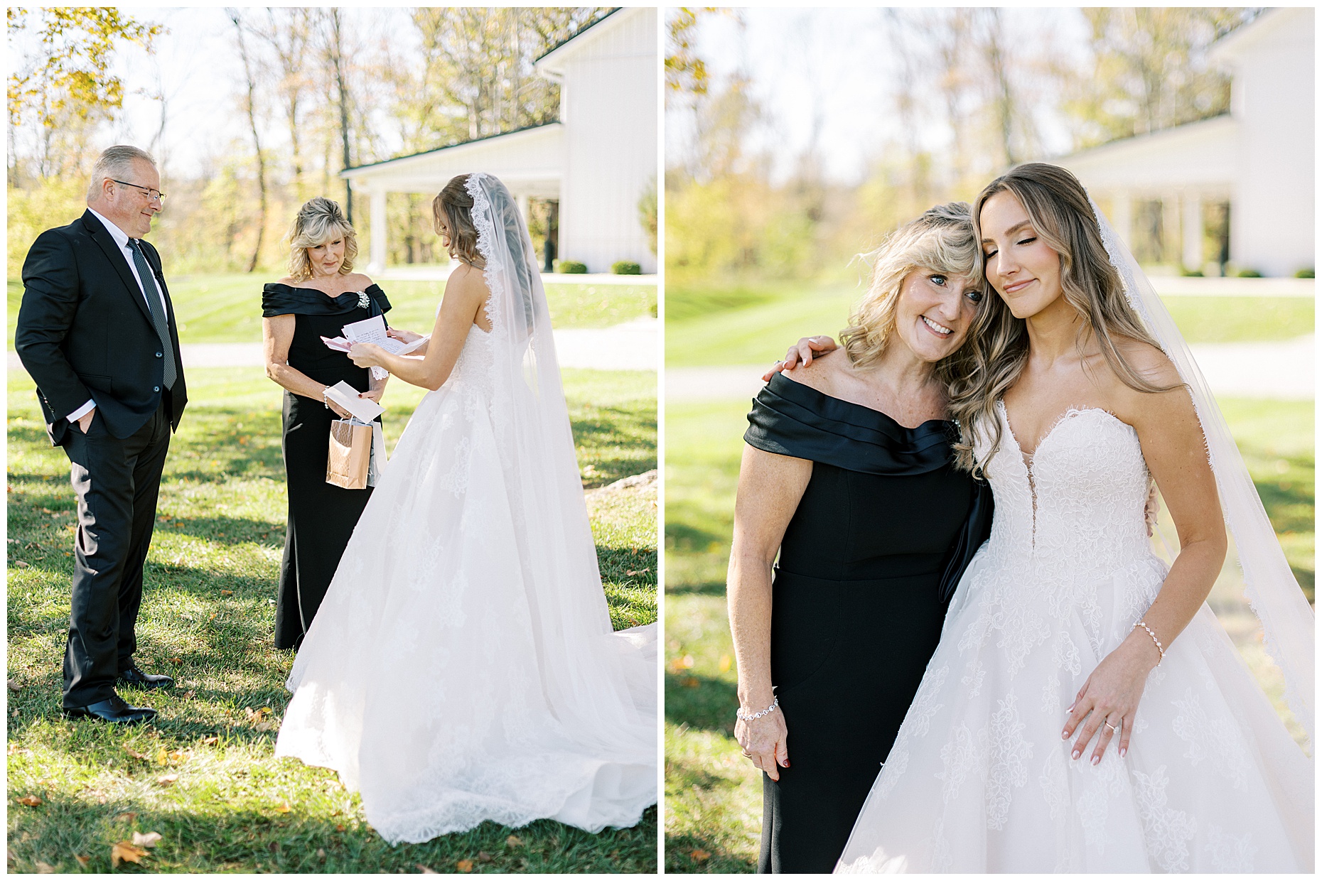 A heartfelt Cliffside Acres wedding featuring fall foliage, classic black and white details, and Lindsey and Sam's ceremony and reception