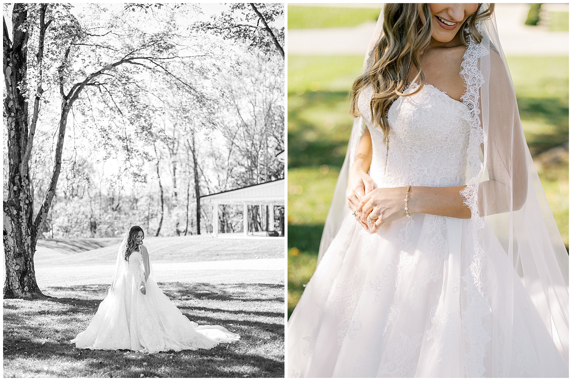 A heartfelt Cliffside Acres wedding featuring fall foliage, classic black and white details, and Lindsey and Sam's ceremony and reception