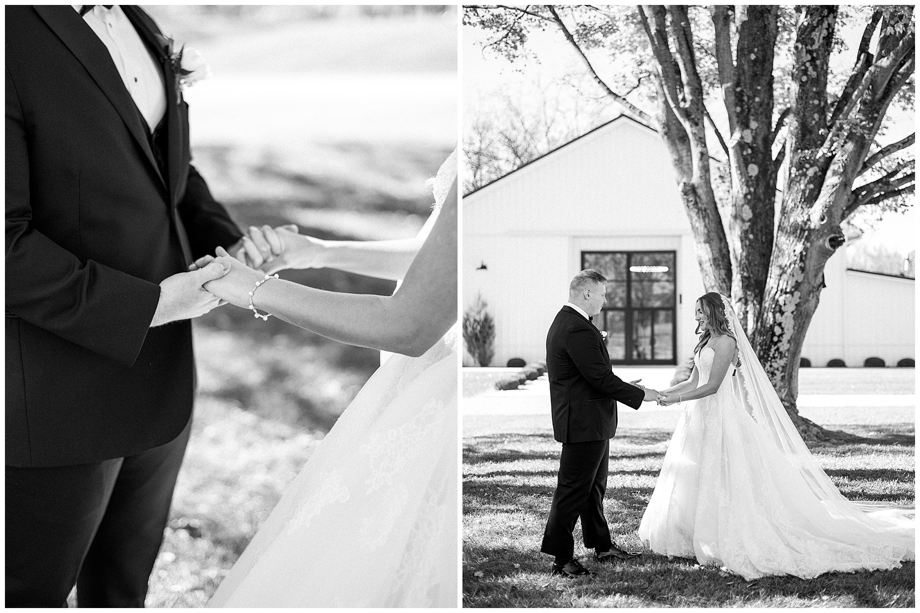A heartfelt Cliffside Acres wedding featuring fall foliage, classic black and white details, and Lindsey and Sam's ceremony and reception