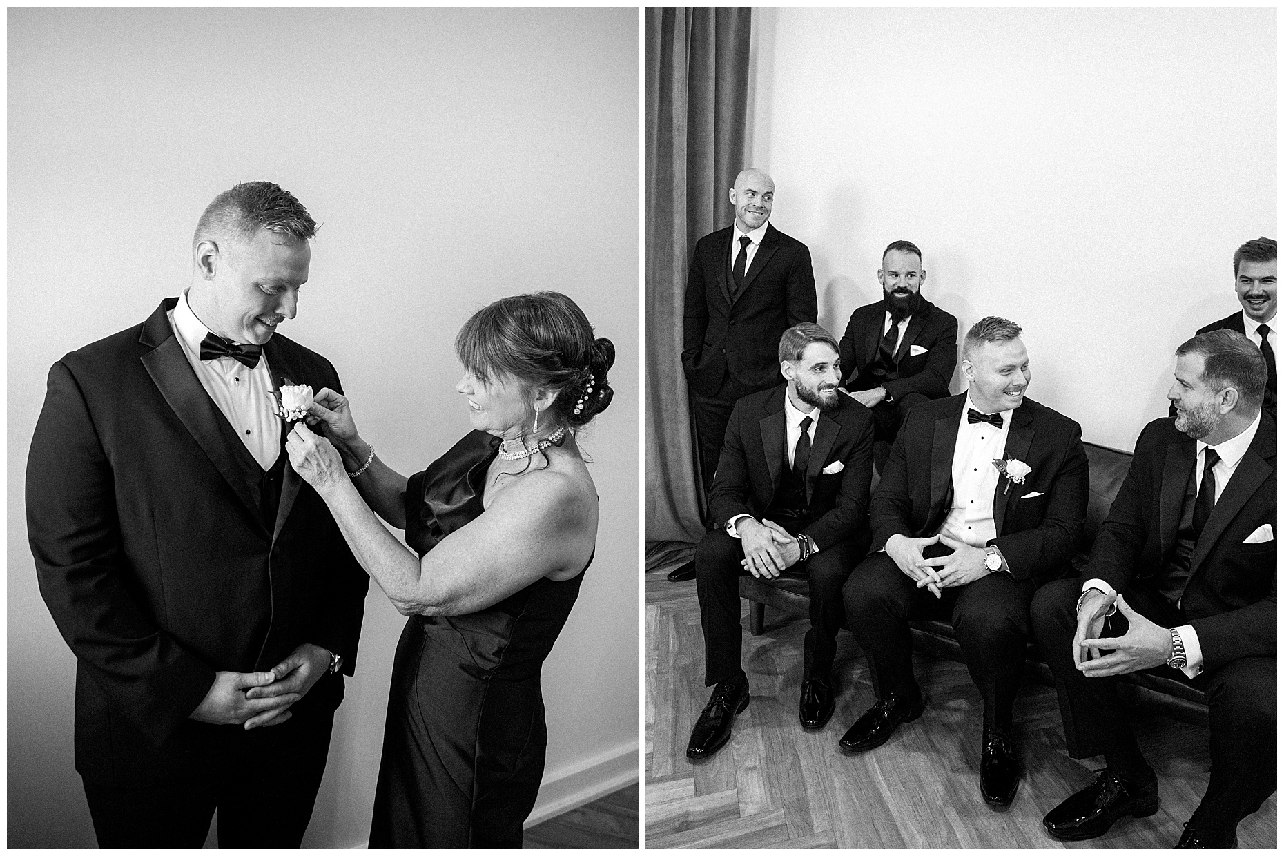 A heartfelt Cliffside Acres wedding featuring fall foliage, classic black and white details, and Lindsey and Sam's ceremony and reception