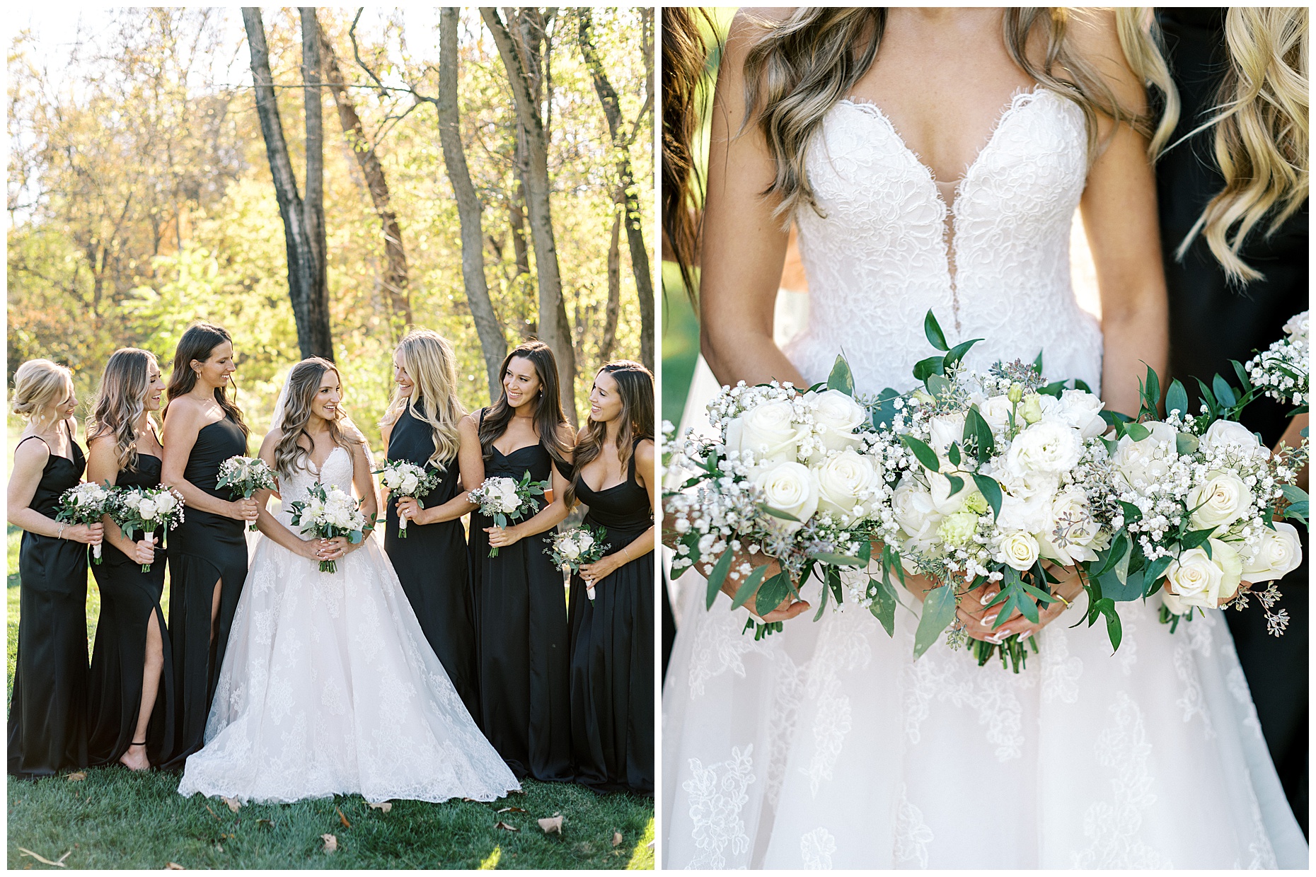 A heartfelt Cliffside Acres wedding featuring fall foliage, classic black and white details, and Lindsey and Sam's ceremony and reception