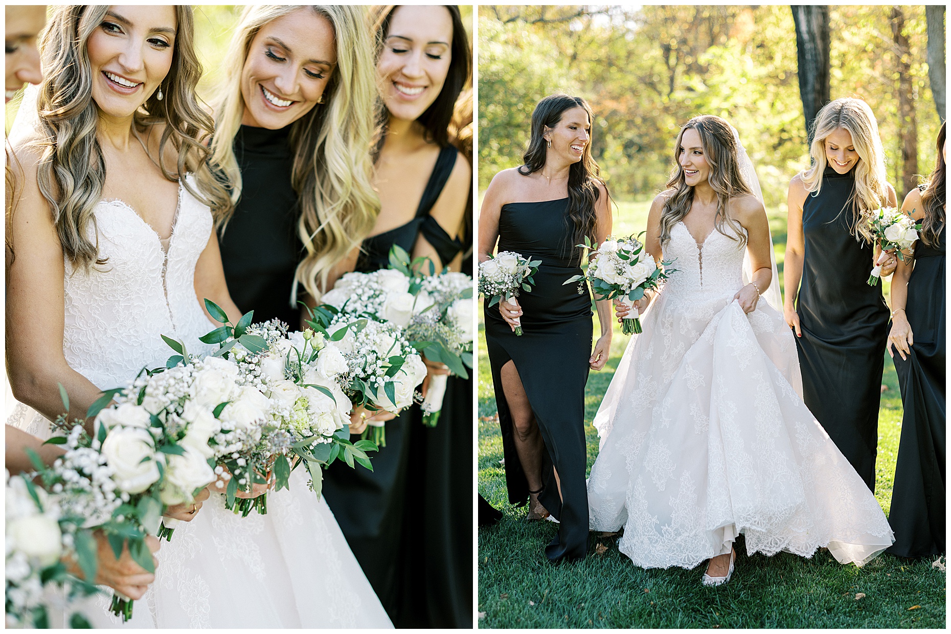 A heartfelt Cliffside Acres wedding featuring fall foliage, classic black and white details, and Lindsey and Sam's ceremony and reception