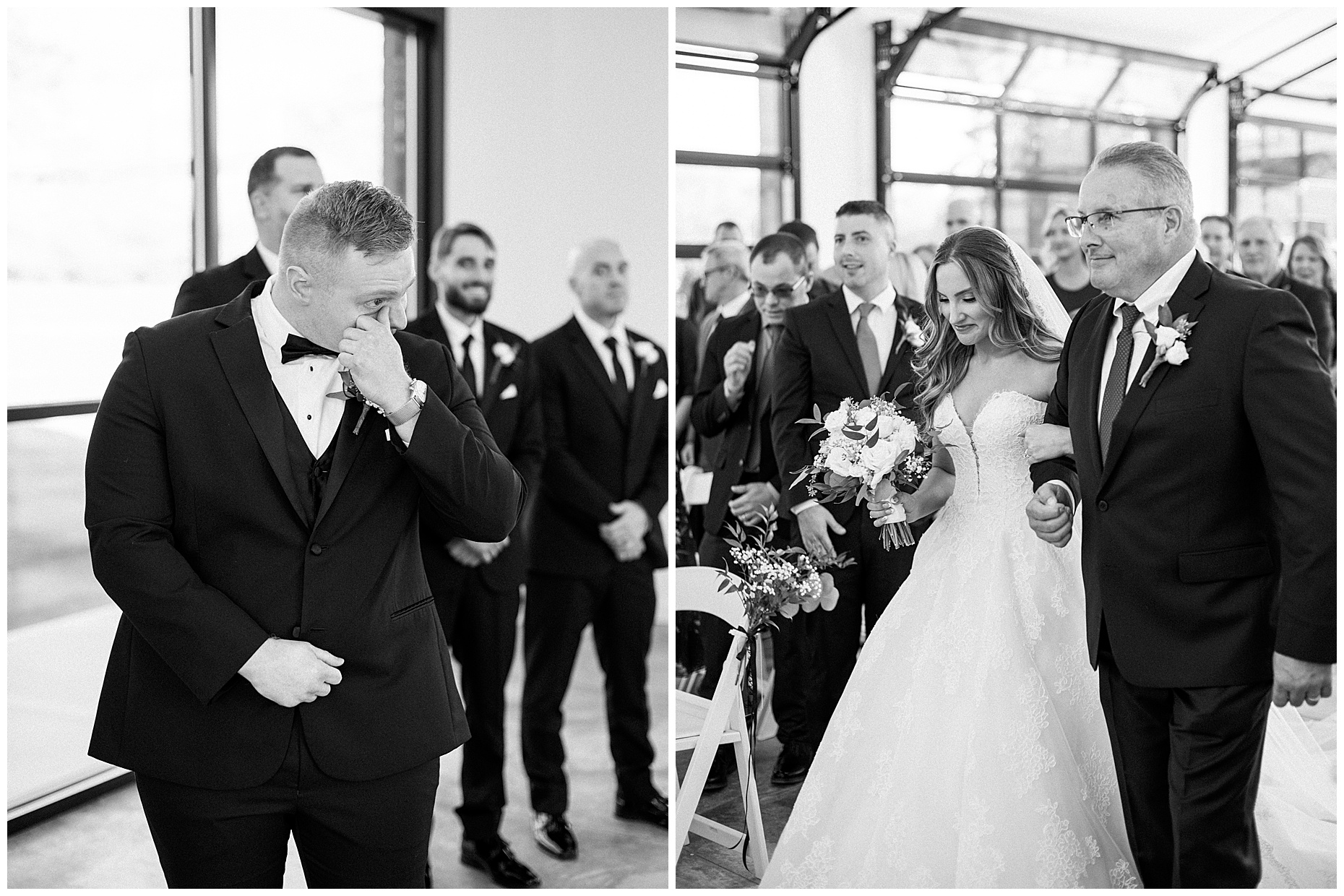 A heartfelt Cliffside Acres wedding featuring fall foliage, classic black and white details, and Lindsey and Sam's ceremony and reception