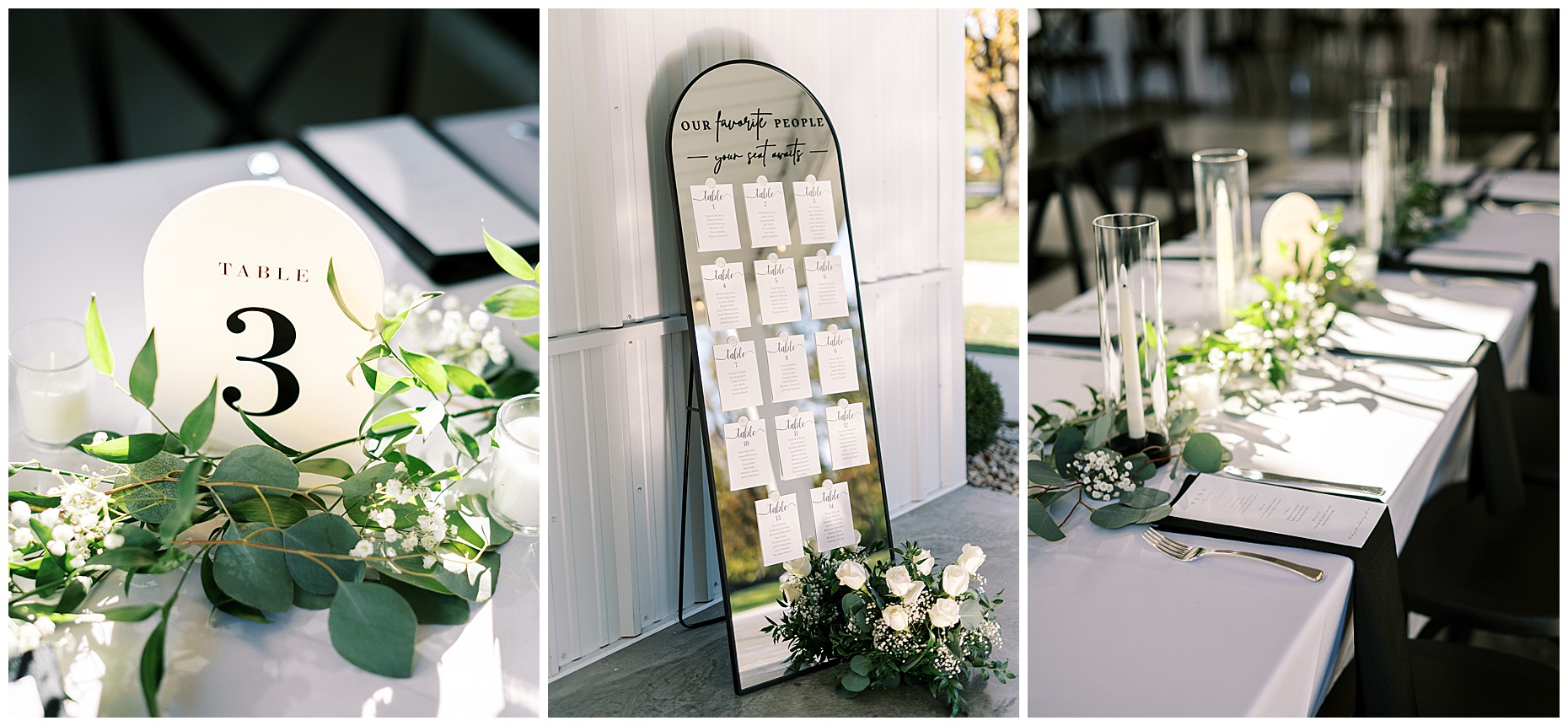 A heartfelt Cliffside Acres wedding featuring fall foliage, classic black and white details, and Lindsey and Sam's ceremony and reception