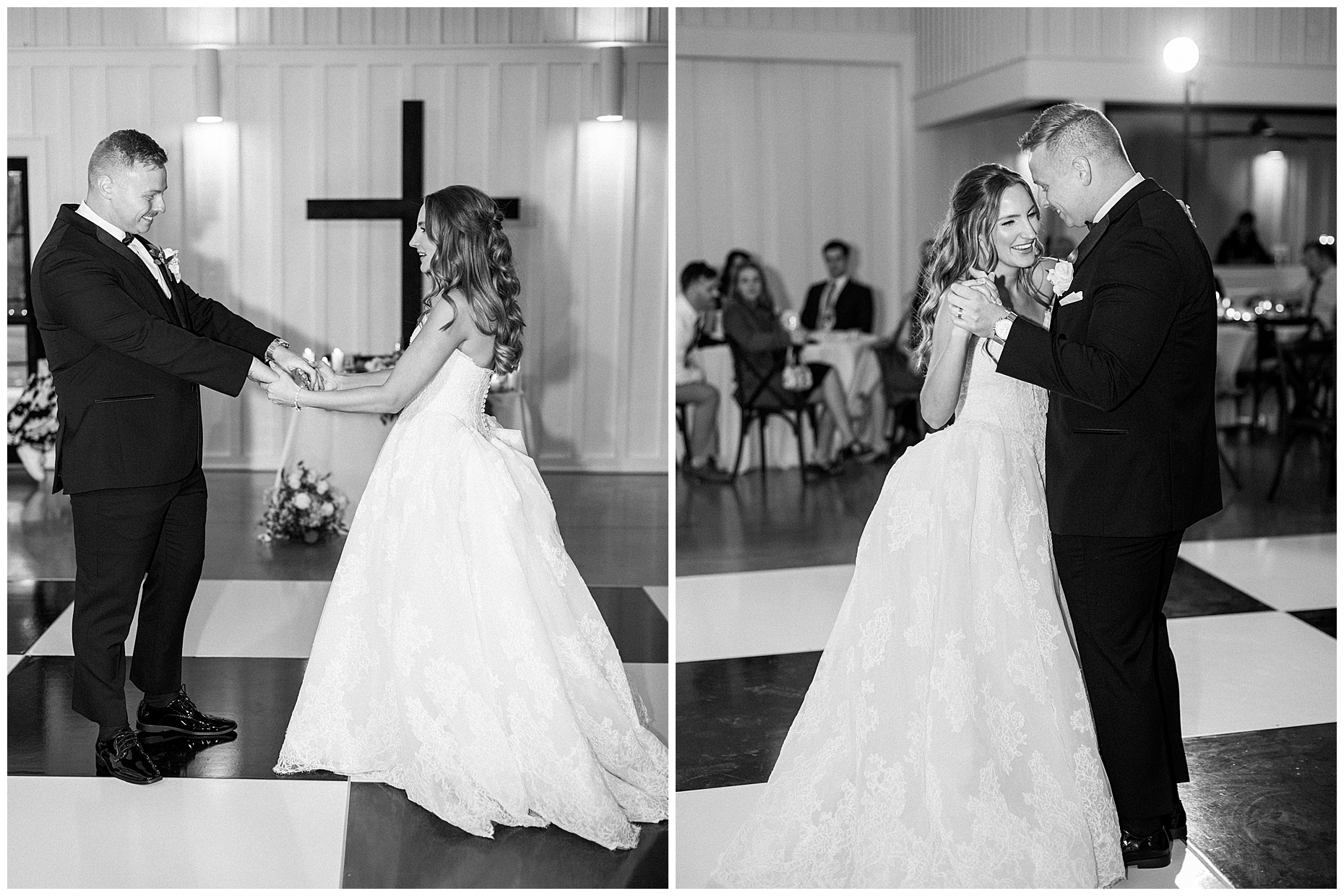 A heartfelt Cliffside Acres wedding featuring fall foliage, classic black and white details, and Lindsey and Sam's ceremony and reception